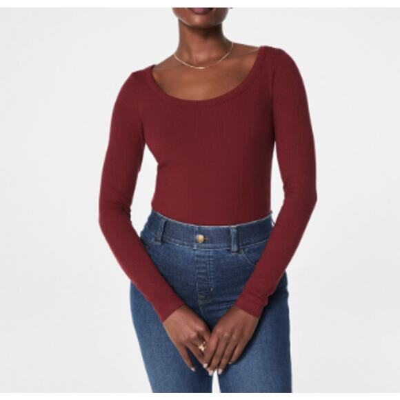 SPANX Red Rib Long Sleeve Scoop Neck Shirt (S) - Picture 1 of 7